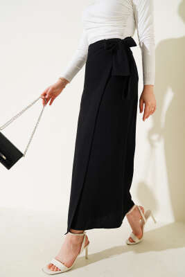 Yandan Bağcıklı Keten Etek Siyah - Uzun Etek