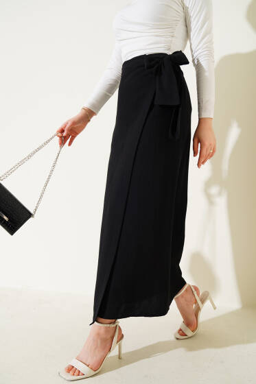 Yandan Bağcıklı Keten Etek Siyah - Uzun Etek
