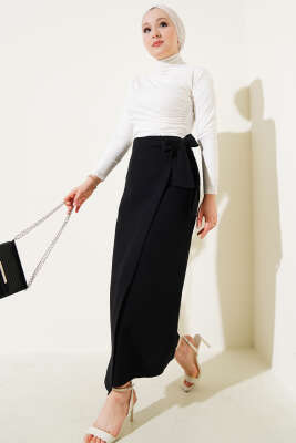 Yandan Bağcıklı Keten Etek Siyah - Uzun Etek
