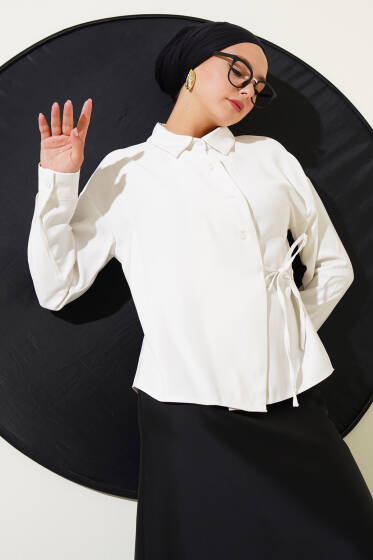 Yandan Bağcıklı Tensel Kısa Gömlek Beyaz - Gömlek