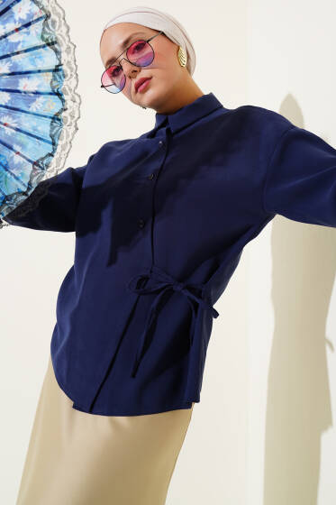 Yandan Bağcıklı Tensel Kısa Gömlek Lacivert - Gömlek