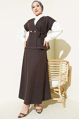 Yandan Bağcıklı Yelekli Etekli Kot Takım Acı Kahve - MD TREND