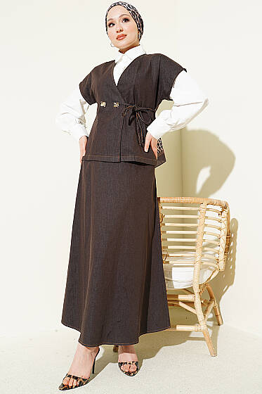 Yandan Bağcıklı Yelekli Etekli Kot Takım Acı Kahve - İkili Takım