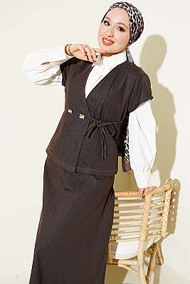 Yandan Bağcıklı Yelekli Etekli Kot Takım Acı Kahve - İkili Takım