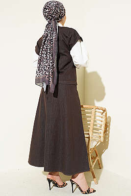 Yandan Bağcıklı Yelekli Etekli Kot Takım Acı Kahve - İkili Takım