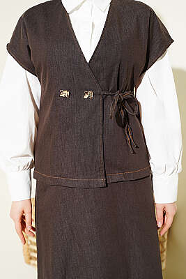 Yandan Bağcıklı Yelekli Etekli Kot Takım Acı Kahve - İkili Takım