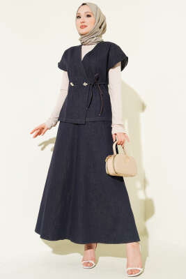 Yandan Bağcıklı Yelekli Etekli Kot Takım Lacivert - MD TREND