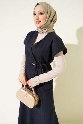 Yandan Bağcıklı Yelekli Etekli Kot Takım Lacivert - İkili Takım