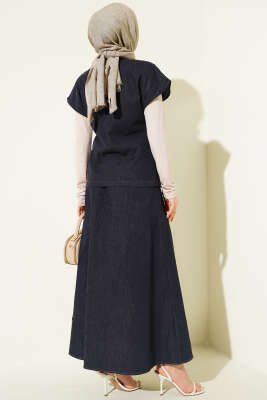 Yandan Bağcıklı Yelekli Etekli Kot Takım Lacivert - İkili Takım