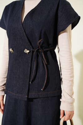 Yandan Bağcıklı Yelekli Etekli Kot Takım Lacivert - İkili Takım