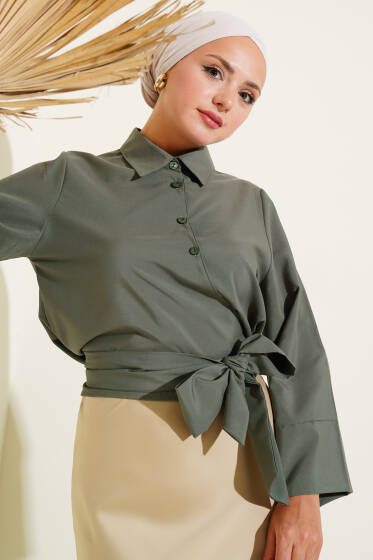 Yandan Bağlama Detaylı Kısa Gömlek Haki - Gömlek