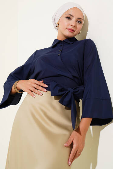 Yandan Bağlama Detaylı Kısa Gömlek Lacivert - Gömlek