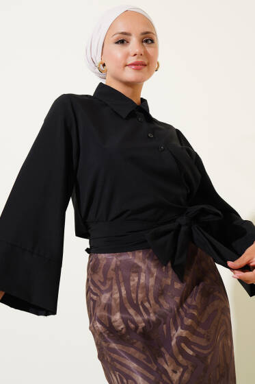Yandan Bağlama Detaylı Kısa Gömlek Siyah - Gömlek