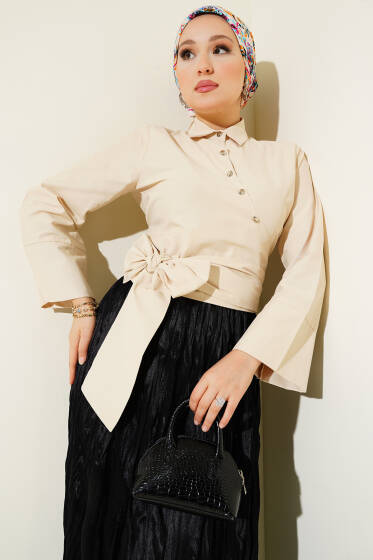 Yandan Bağlamalı Çapraz Düğmeli Kısa Gömlek Bej - Gömlek