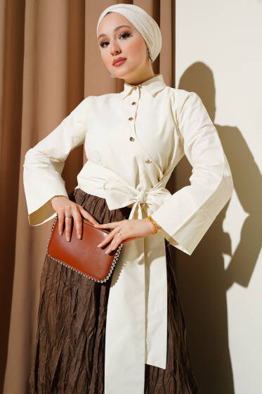 Yandan Bağlamalı Çapraz Düğmeli Kısa Gömlek Krem - Gömlek