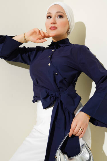 Yandan Bağlamalı Çapraz Düğmeli Kısa Gömlek Lacivert - Gömlek