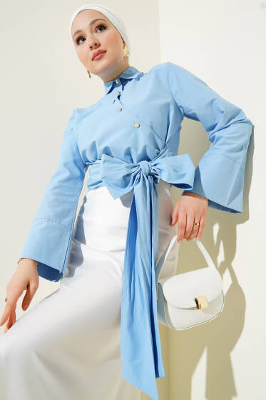 Yandan Bağlamalı Çapraz Düğmeli Kısa Gömlek Mavi - Gömlek