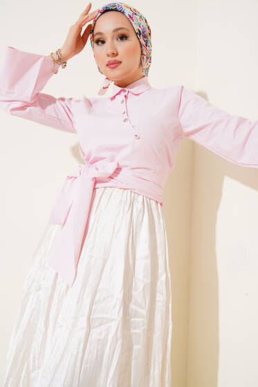 Yandan Bağlamalı Çapraz Düğmeli Kısa Gömlek Pembe - Gömlek