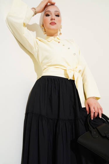 Yandan Bağlamalı Çapraz Düğmeli Kısa Gömlek Sarı - Gömlek