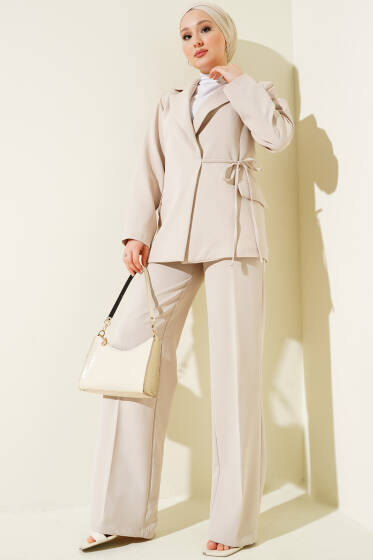 Yandan Bağlamalı Ceketli İkili Takım Bej - İkili Takım