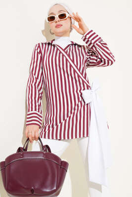 Yandan Bağlamalı Çizgili Kimono Bordo 