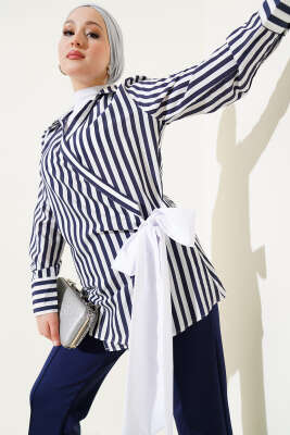 Yandan Bağlamalı Çizgili Kimono Lacivert 