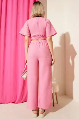 Yandan Bağlamalı Crop İkili Takım Pembe - Kadın Giyim Modelleri