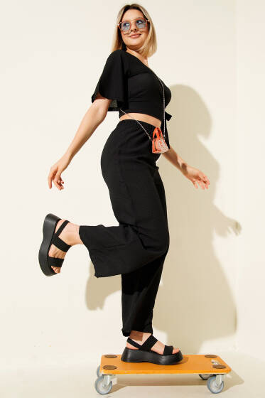 Yandan Bağlamalı Crop İkili Takım Siyah - Kadın Giyim Modelleri