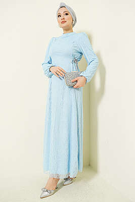 Yandan Bağlamalı Dantelli Abiye Elbise Bebe Mavi - BERAT TEKSTİL