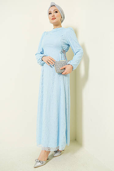 Yandan Bağlamalı Dantelli Abiye Elbise Bebe Mavi - Elbise