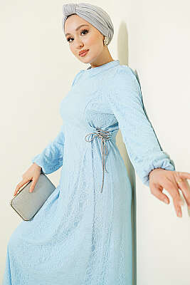 Yandan Bağlamalı Dantelli Abiye Elbise Bebe Mavi - Elbise