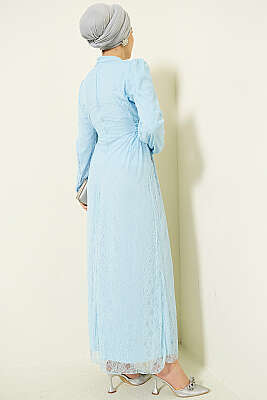 Yandan Bağlamalı Dantelli Abiye Elbise Bebe Mavi - Elbise