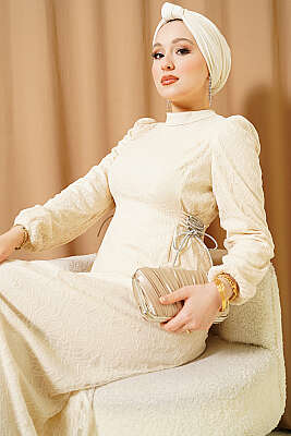 Yandan Bağlamalı Dantelli Abiye Elbise Bej - BERAT TEKSTİL