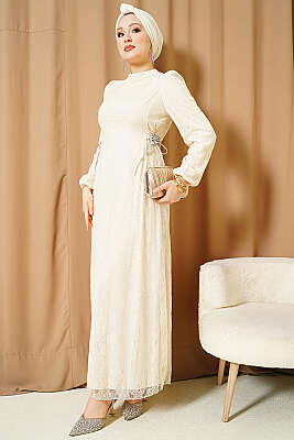 Yandan Bağlamalı Dantelli Abiye Elbise Bej - Elbise