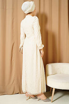 Yandan Bağlamalı Dantelli Abiye Elbise Bej - Elbise