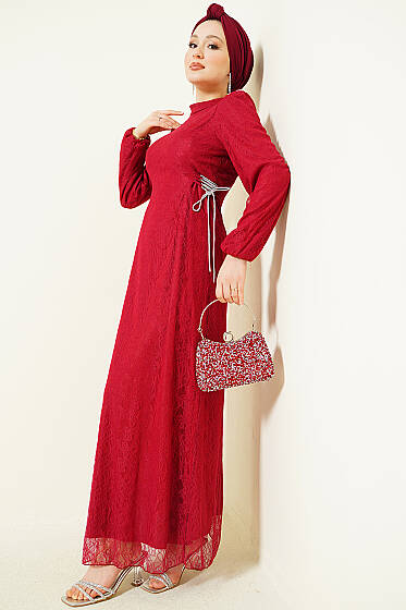 Yandan Bağlamalı Dantelli Abiye Elbise Bordo - Elbise