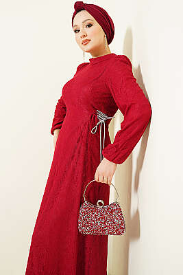 Yandan Bağlamalı Dantelli Abiye Elbise Bordo - Elbise