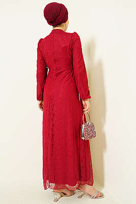 Yandan Bağlamalı Dantelli Abiye Elbise Bordo - Elbise