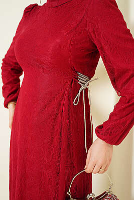 Yandan Bağlamalı Dantelli Abiye Elbise Bordo - Elbise