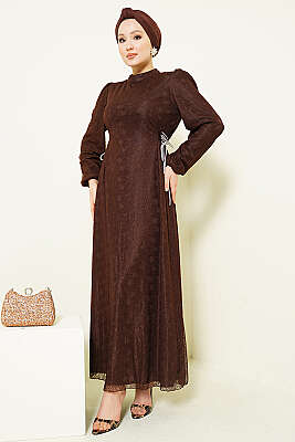 Yandan Bağlamalı Dantelli Abiye Elbise Kahve - BERAT TEKSTİL