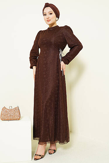 Yandan Bağlamalı Dantelli Abiye Elbise Kahve - Elbise