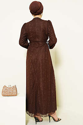 Yandan Bağlamalı Dantelli Abiye Elbise Kahve - Elbise