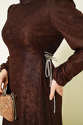 Yandan Bağlamalı Dantelli Abiye Elbise Kahve - Elbise