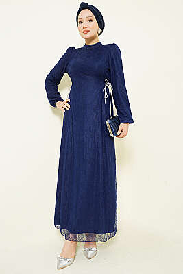 Yandan Bağlamalı Dantelli Abiye Elbise Lacivert - BERAT TEKSTİL