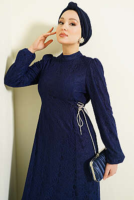 Yandan Bağlamalı Dantelli Abiye Elbise Lacivert - Elbise