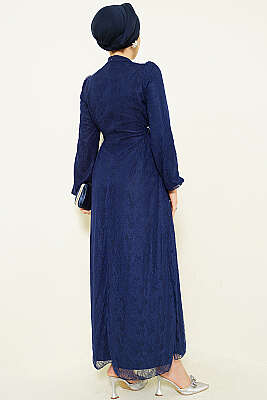 Yandan Bağlamalı Dantelli Abiye Elbise Lacivert - Elbise