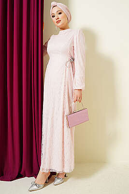 Yandan Bağlamalı Dantelli Abiye Elbise Pudra - BERAT TEKSTİL