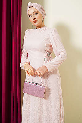 Yandan Bağlamalı Dantelli Abiye Elbise Pudra - Elbise