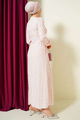 Yandan Bağlamalı Dantelli Abiye Elbise Pudra - Elbise