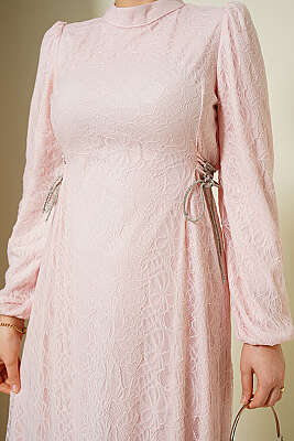 Yandan Bağlamalı Dantelli Abiye Elbise Pudra - Elbise